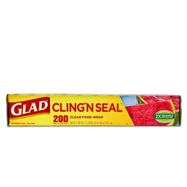 GLAD CLING'N SEAL CLEAR FOOD WRAP 200 SQ FT  -  63m X 29.5cm      CLEAR FOOD WRAP   MICROWAVE SAFE   BPA  FREE   AIR TIGHT SEAL   2 X FRESHNESS PROTECTION   MOISTURE BLOCK